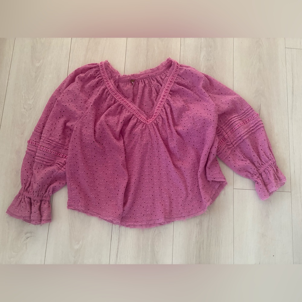 Free People Pink V-Neck Blouse with Eyelet Details